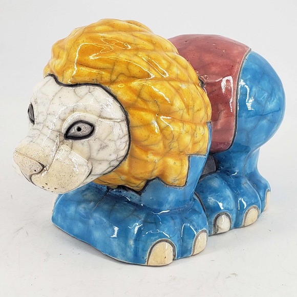 Artisan Accents Raku Ceramic Lion Figurine Statue Handmade Crackled